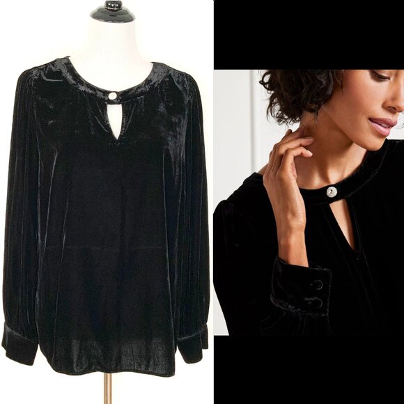 New Talbots Black Velvet Long-Sleeve Top Rhinestone Embellished  Sz L - Picture 2 of 16